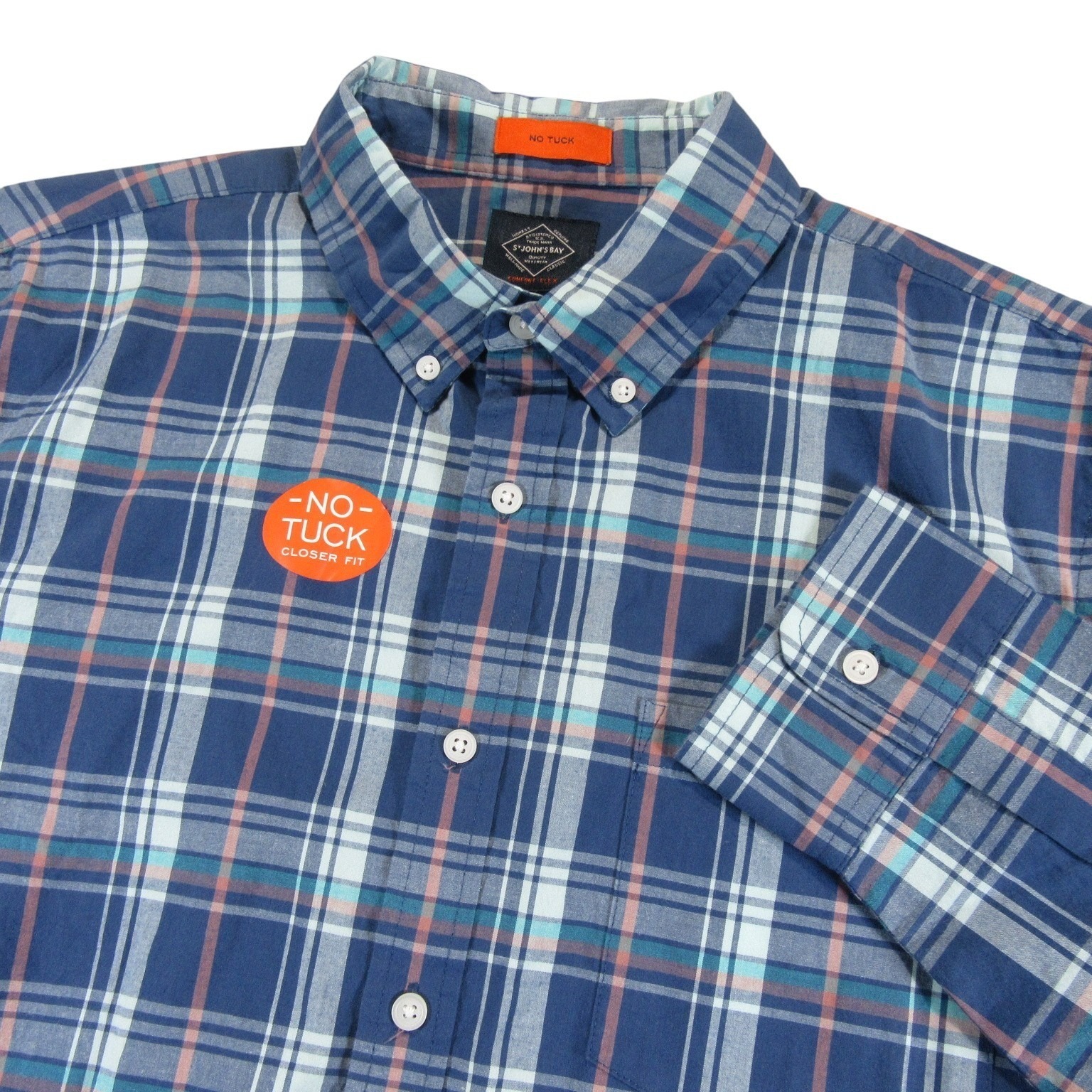 New St John's Bay Mens Button Down Shirt L Comfort Fit Navy Blue Plaid Stretch
